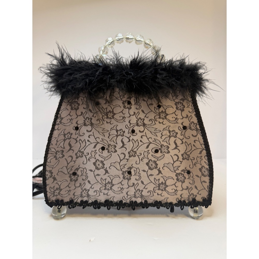 Vintage Style Purse Accent Lamp Black Floral Lace Feather Trim Beaded Handle